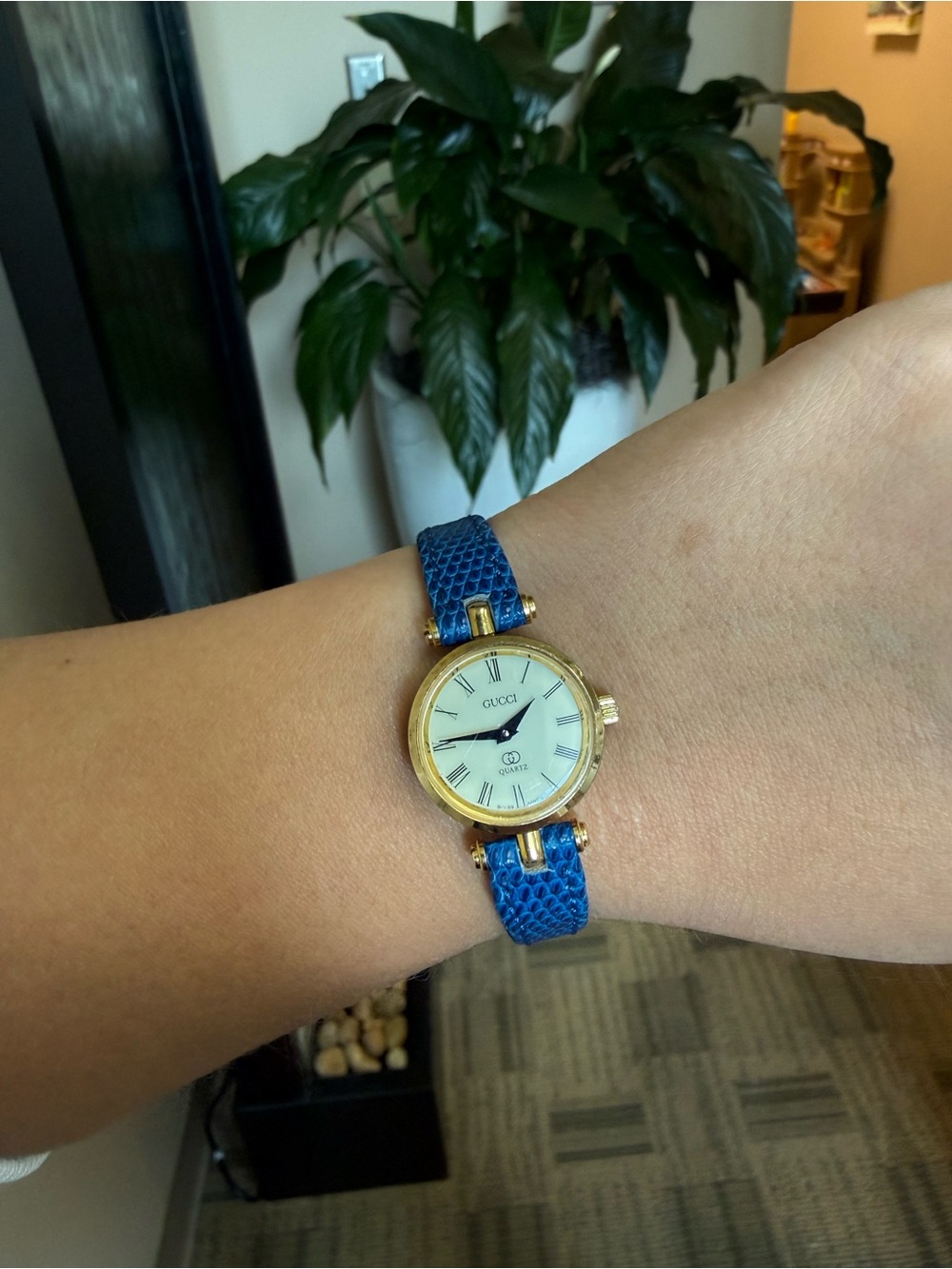 Gucci Blue Lizard Leather Watch with sherry line gold face 10mm